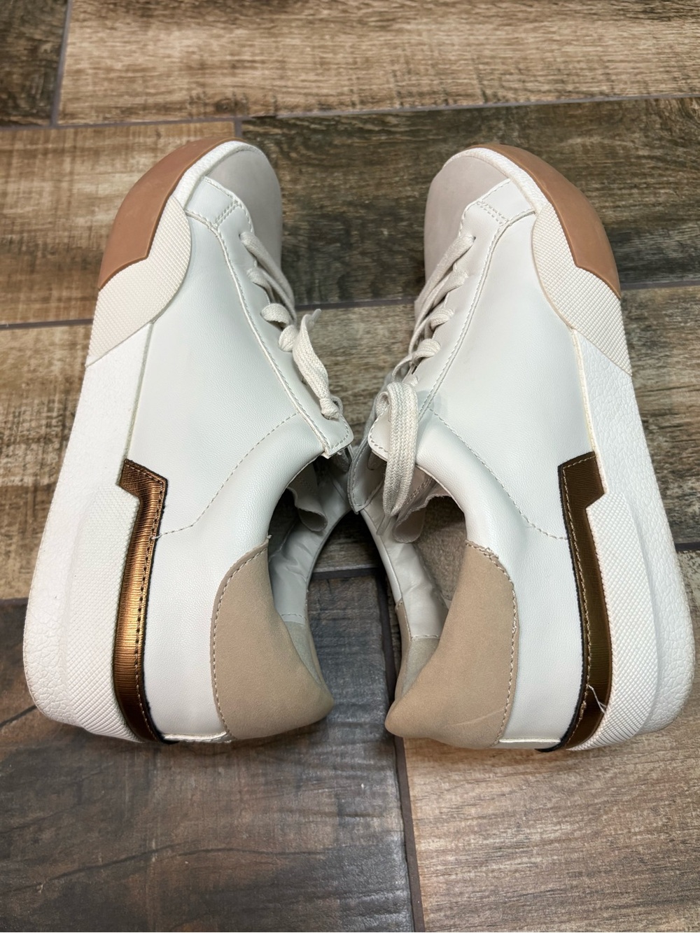 Dolce Vita White Sneakers with Bronze Trim and Beige Suede